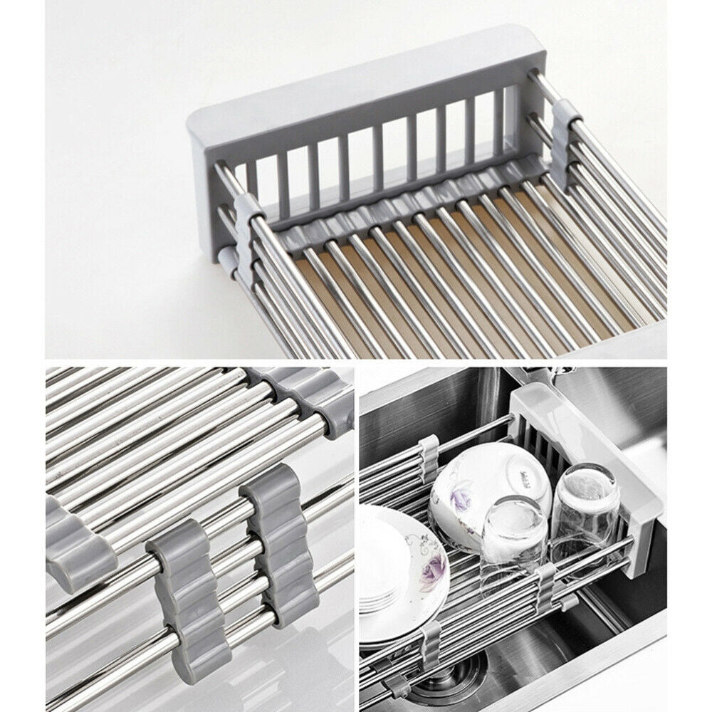 Adjustable Sink Drain Basket Dish Drying Rack Stainless Steel Kitchen Organizer