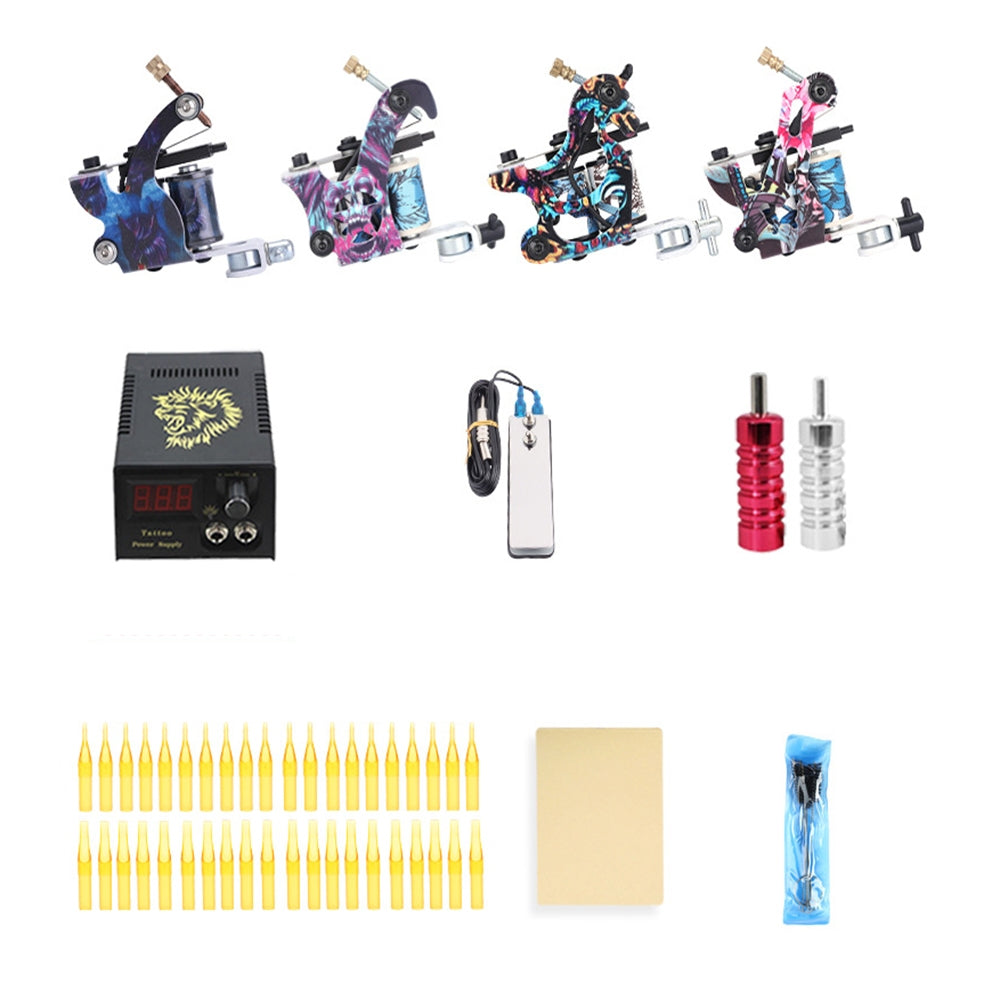 Beginner Tattoo Kit 4 Machine Guns Power Supply Set Grips 40 color Ink Needles