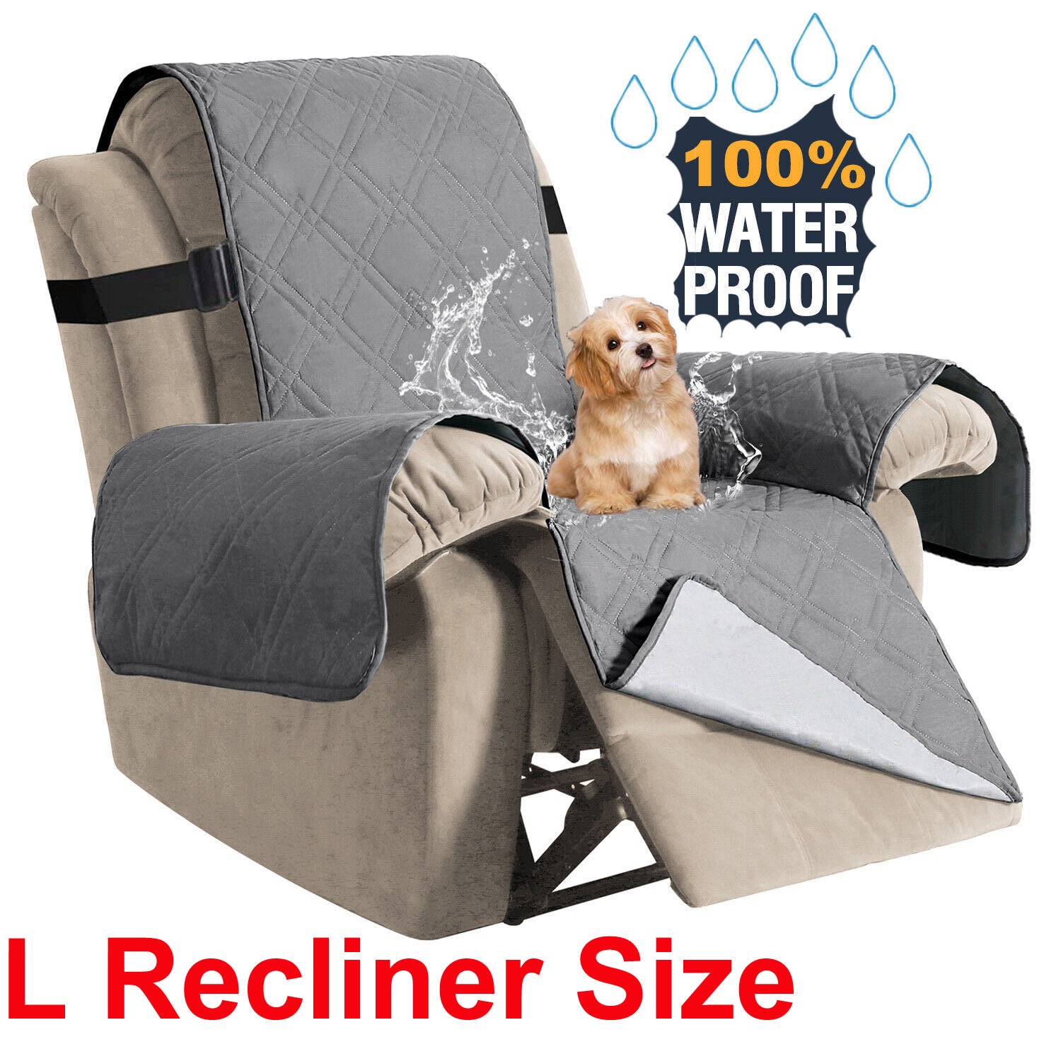 Grey L Recliner Waterproof Recliner Chair Cover with Non Slip Strap Slip Cover for Recliner