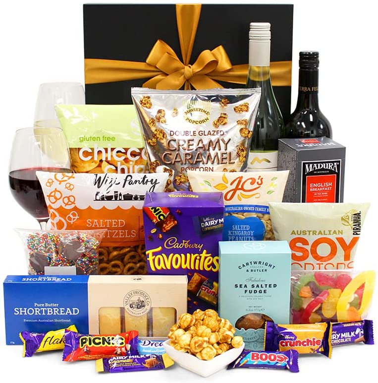 Wine Party Box Gift Hamper - Golden Ranges Shiraz & Sauvignon Blanc 750ml, Nuts, Fudge & Chocolate - Gift Hamper for Birthdays, Graduations, Christmas, Easter, Holidays, Anniversaries, Weddings