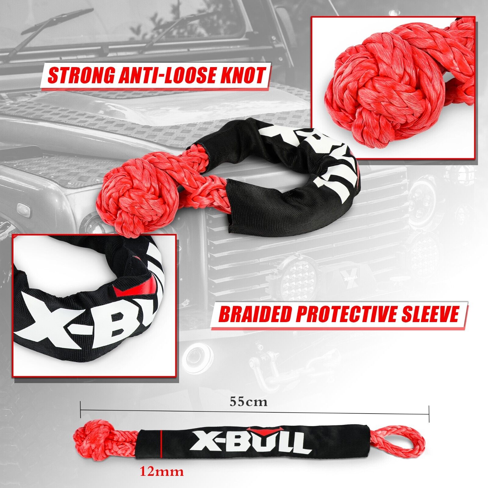 X-BULL Kinetic Rope 22mm x 9m Snatch Strap Recovery Kit Dyneema Tow Winch