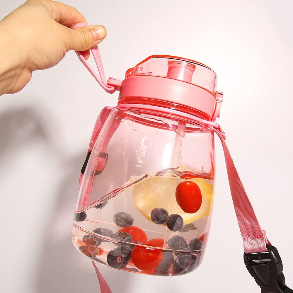 Clear Large Water Bottle Water Jug with Adjustable Shoulder Strap - Pink