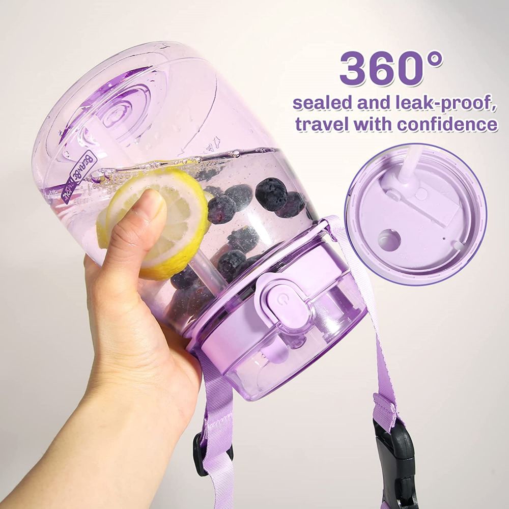 Clear Large Water Bottle Water Jug with Adjustable Shoulder Strap - Purple