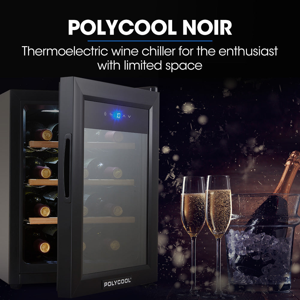 POLYCOOL 33L 12 Bottle Wine Bar Fridge Countertop Cooler Compressor Mirrored Glass Door, Black