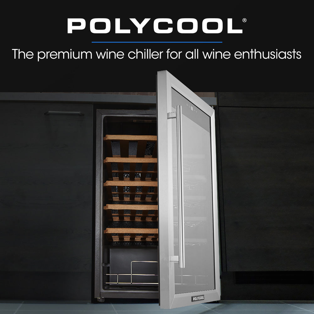 POLYCOOL 34 Bottle Wine Bar Fridge, Under Bench, Glass Door w/ Stainless Steel Frame, Sliding Shelves, Silver