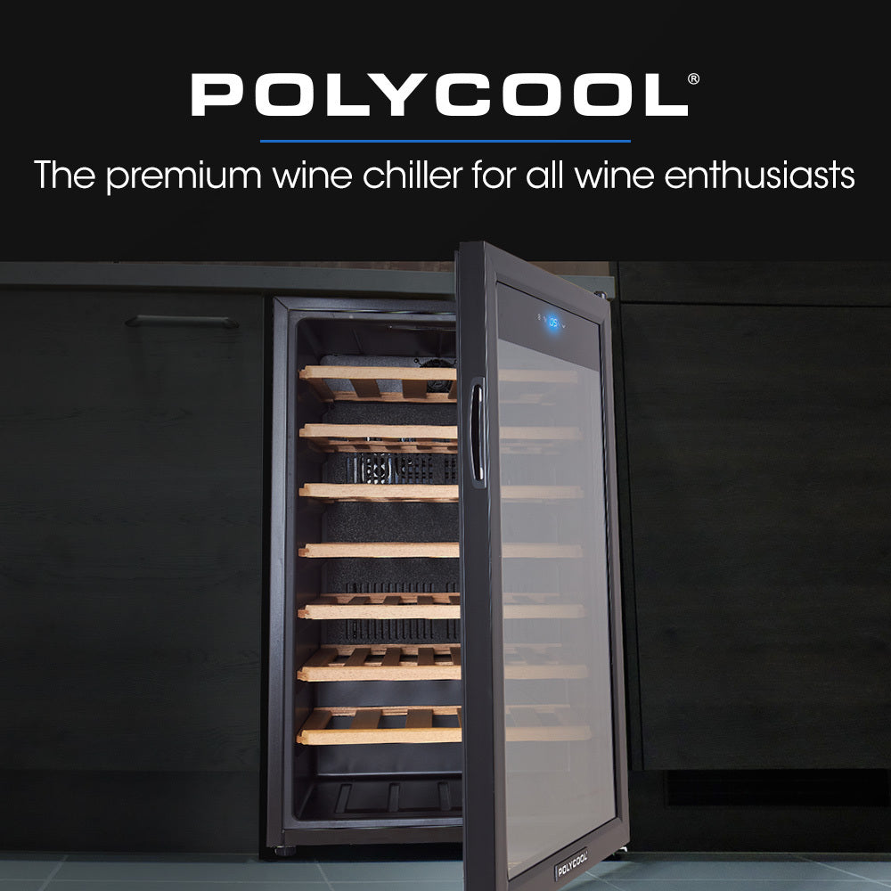 POLYCOOL 128L 51 Bottle Wine Bar Fridge Underbench Cooler Compressor Glass Door, Black