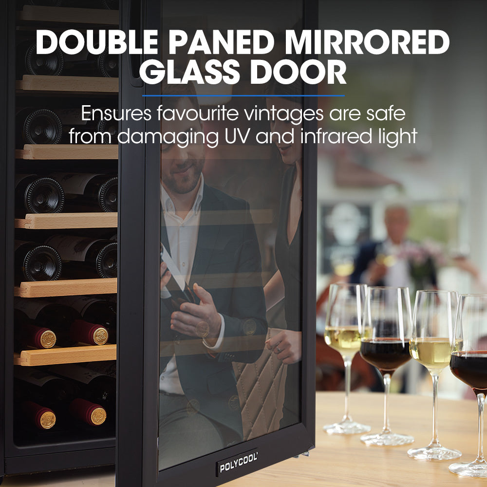 POLYCOOL 128L 51 Bottle Wine Bar Fridge Underbench Cooler Compressor Glass Door, Black