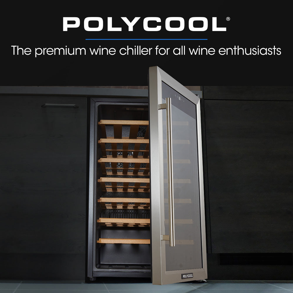 POLYCOOL 51 Bottle Wine Bar Fridge, Under Bench, Glass Door w/ Stainless Steel Frame, Sliding Shelves, Silver