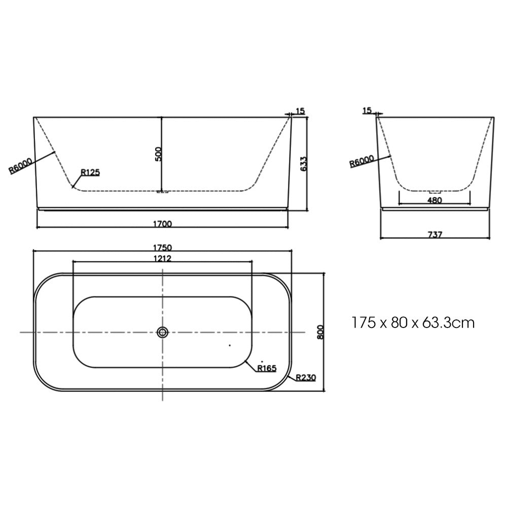 MARBELLA Bathtub Acrylic Freestanding Bath Tub Gloss White 1750x800x633mm