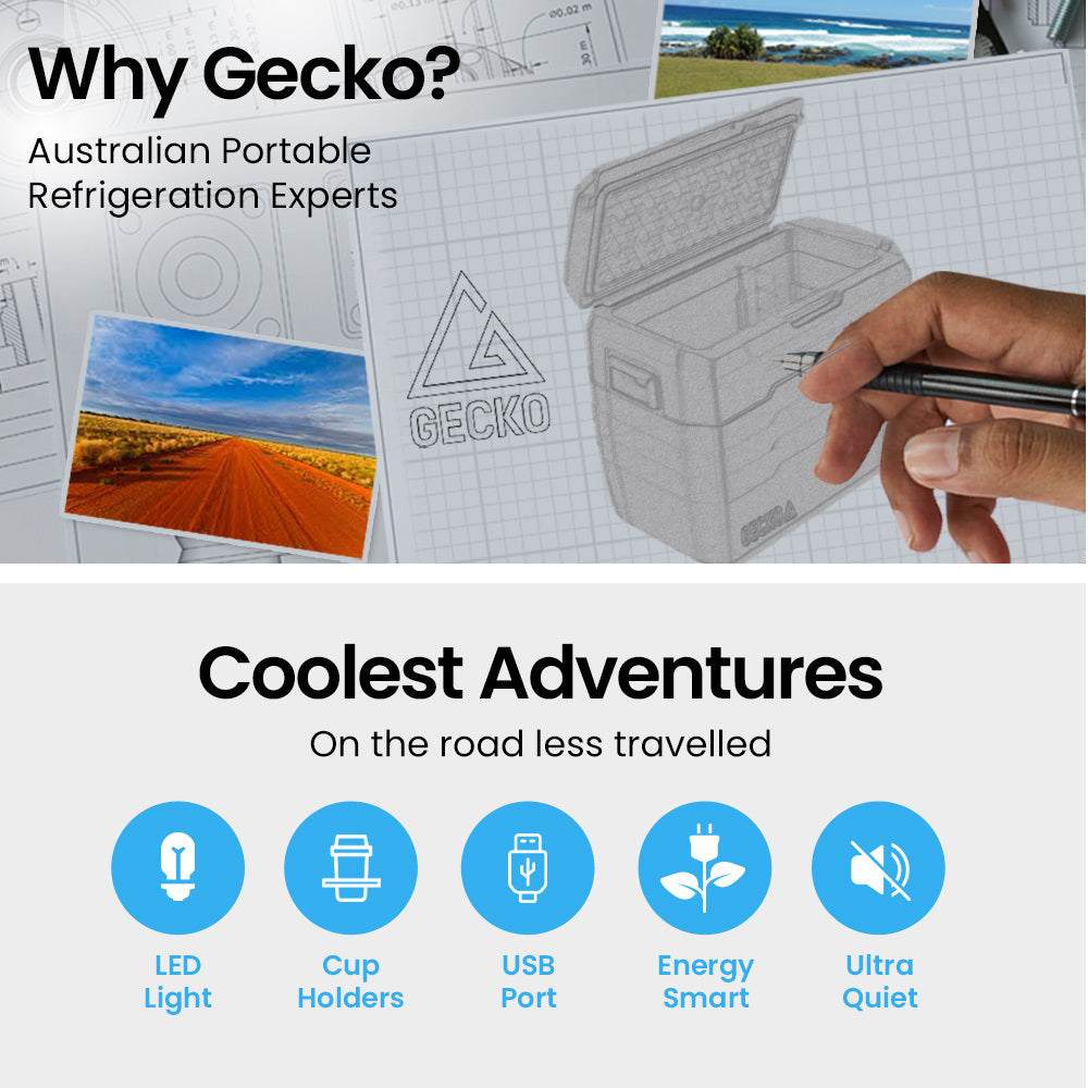 Gecko 50L Portable Fridge Freezer 12V/24V/240V for Camping, Car, Caravan, Boats