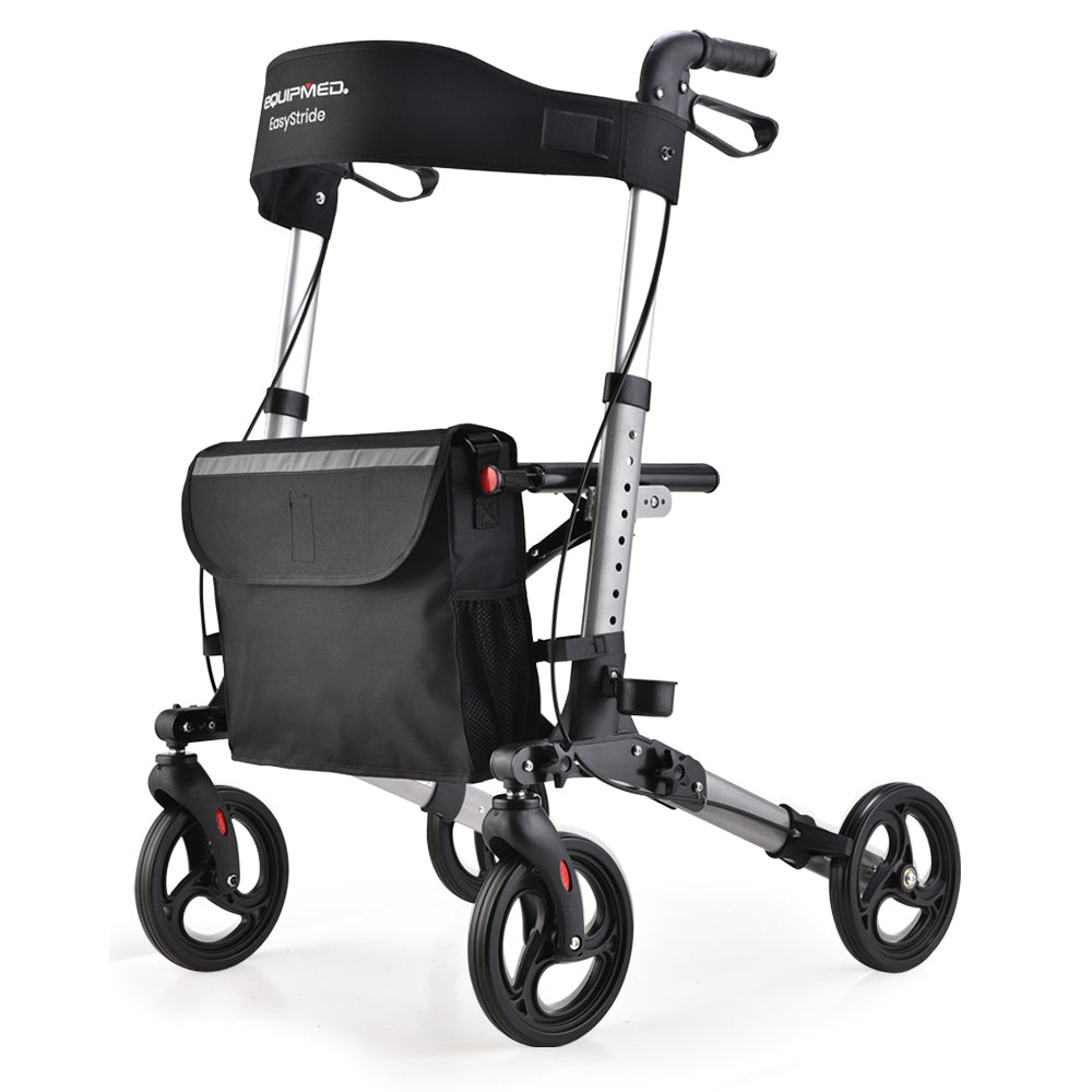 EQUIPMED Foldable Aluminium Walking Frame Rollator with Bag and Seat, Silver