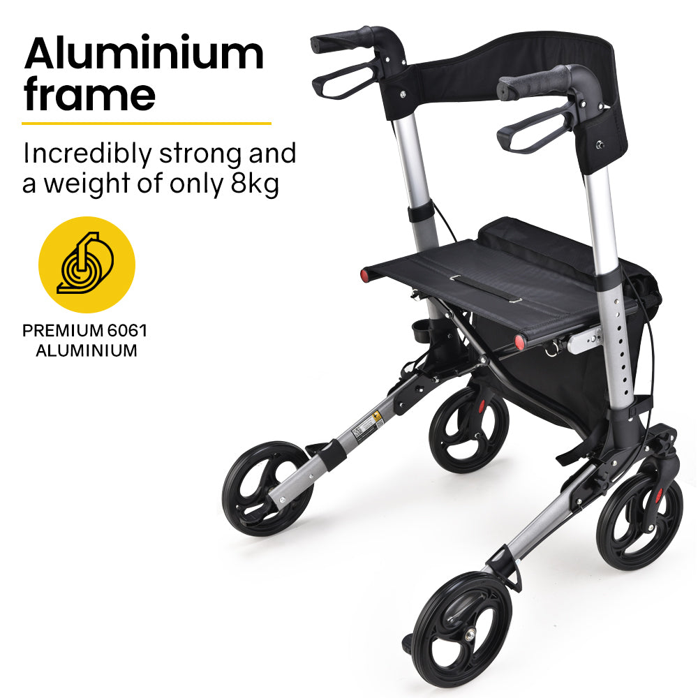 EQUIPMED Foldable Aluminium Walking Frame Rollator with Bag and Seat, Silver