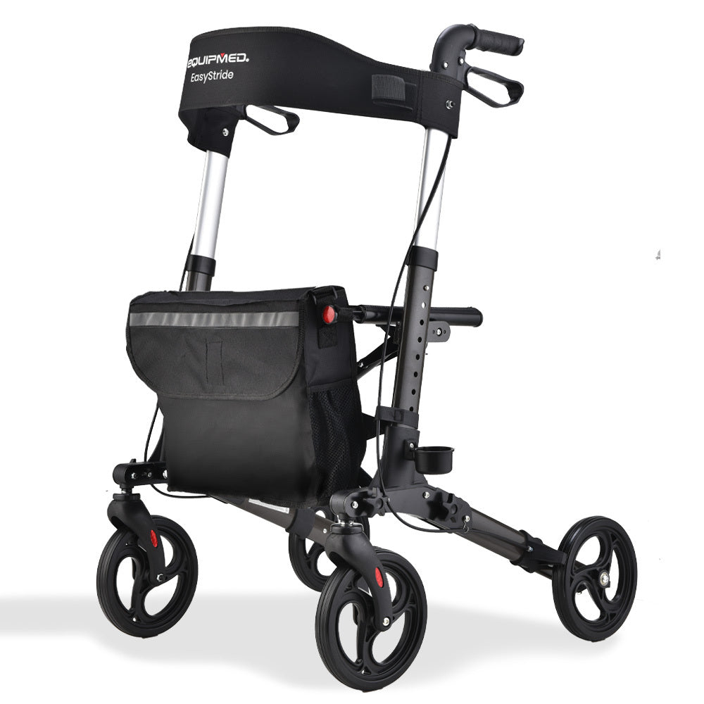 EQUIPMED Foldable Aluminium Walking Frame Rollator with Bag and Seat, Titanium Colour