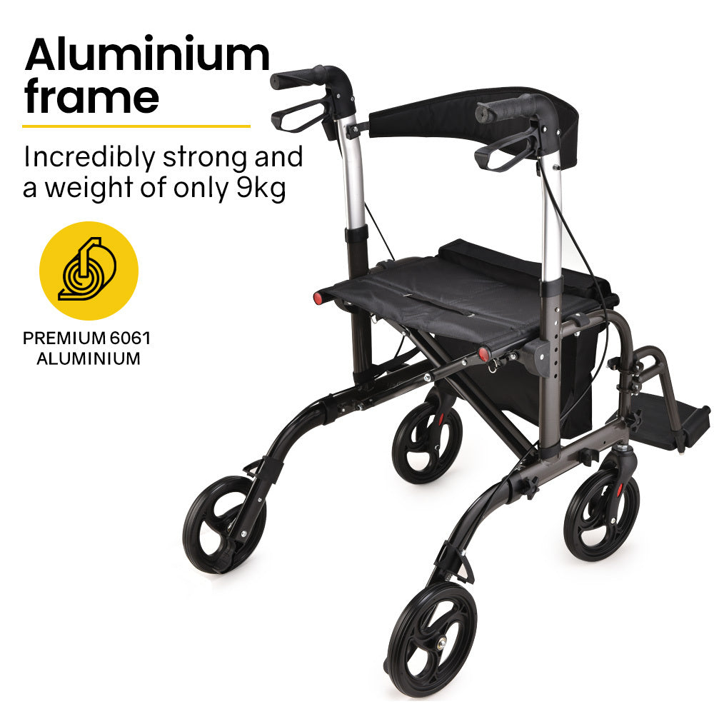 EQUIPMED 2-in-1 Foldable Aluminium Walking Frame Rollator and Transit Wheelchair with Bag, Titanium colour