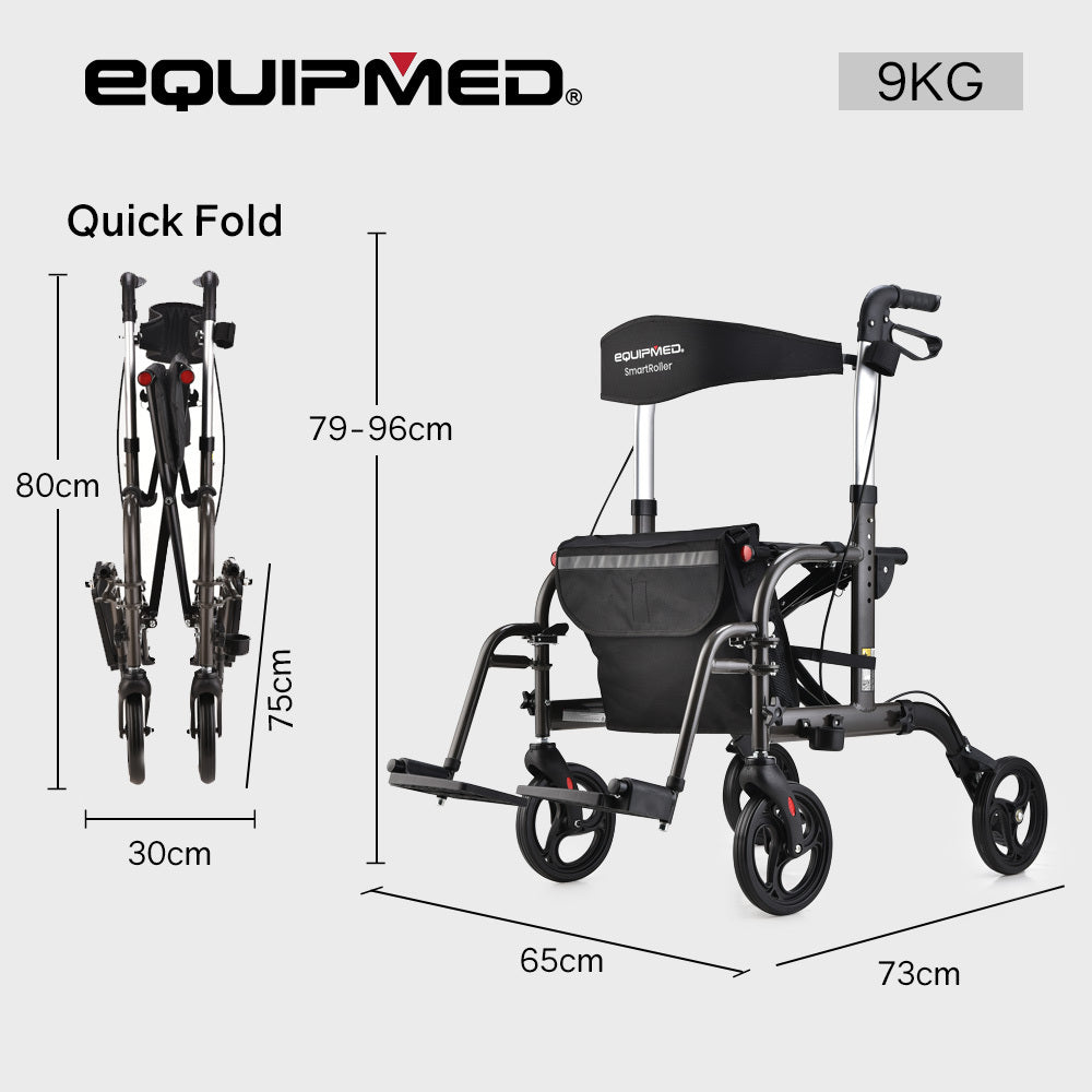 EQUIPMED 2-in-1 Foldable Aluminium Walking Frame Rollator and Transit Wheelchair with Bag, Titanium colour