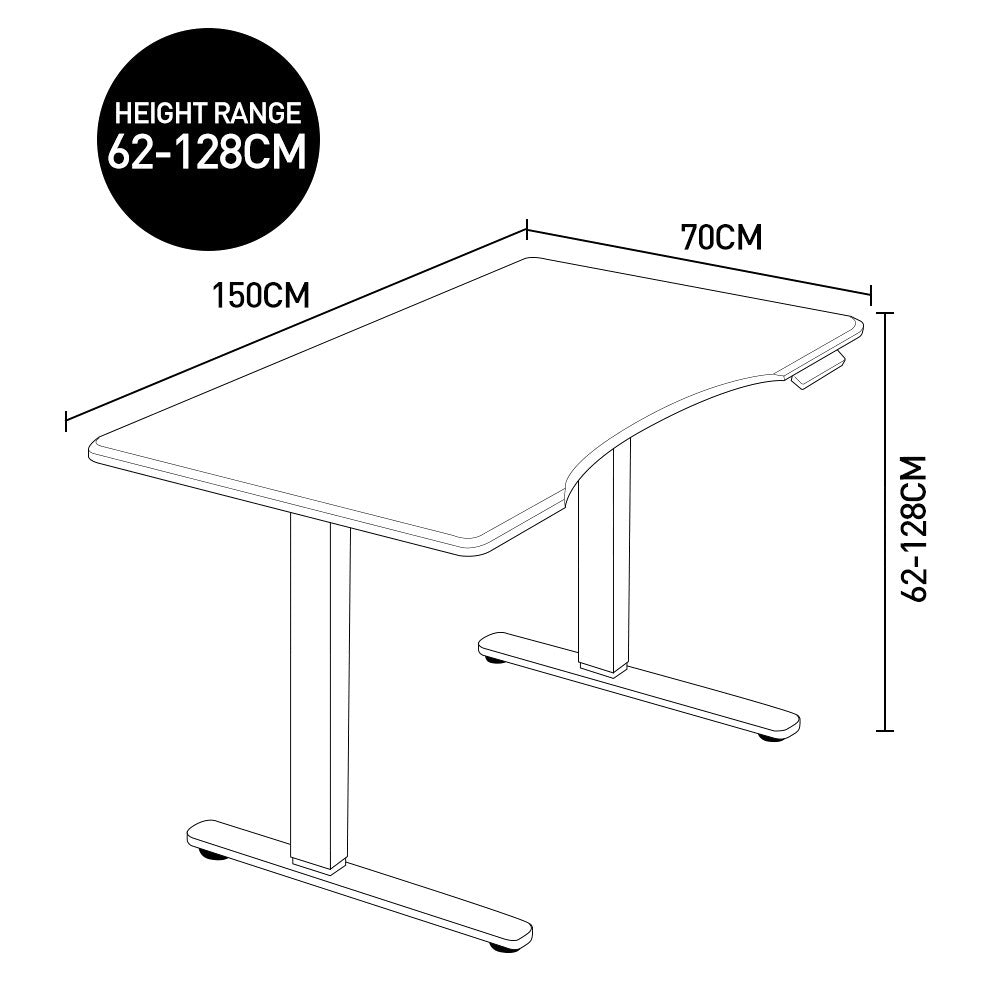 FORTIA Standing Desk, 150x70cm, 62-128cm Height, 2 Motors, 120KG Load, White/Black