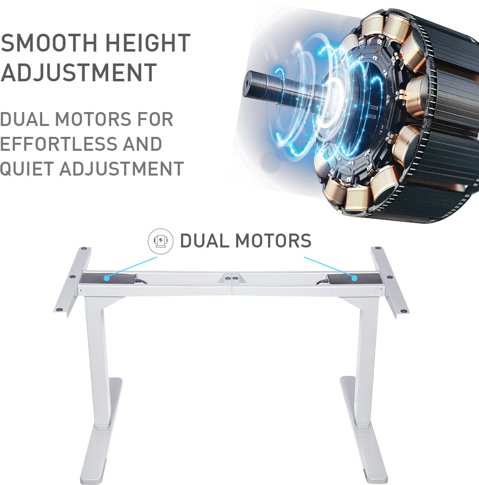 FORTIA Standing Desk, 150x70cm, 62-128cm Height, 2 Motors, 120KG Load, Matte White/Black Frame