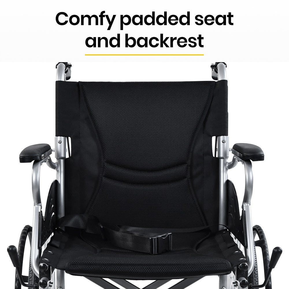 EQUIPMED 20 Inch Folding Wheelchair Lightweight Aluminium Portable with Park Brakes, Black