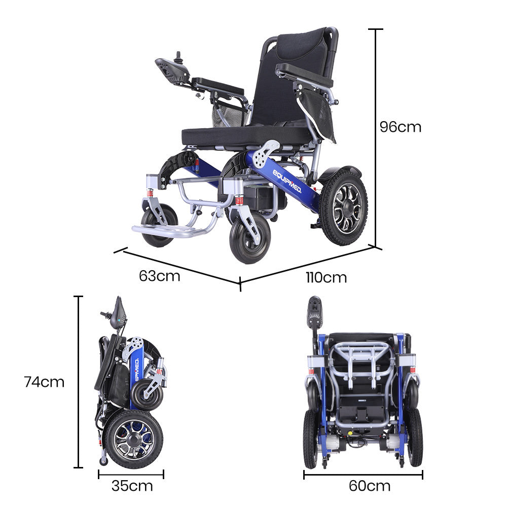 EQUIPMED Power Electric Wheelchair, Folding, Aluminium, Lithium Battery, Blue