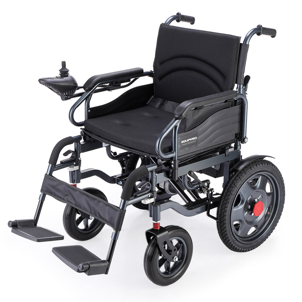 EQUIPMED Power Electric Wheelchair, Folding, 20km Max Frame, Wider Seat, Lithium Battery, Black