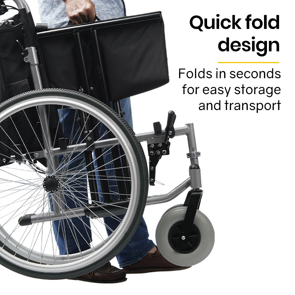 EQUIPMED Extra-Wide Folding Wheelchair, Aluminium Frame, 150kg Capacity, 24 Inch Wheels, Park Brakes, Black