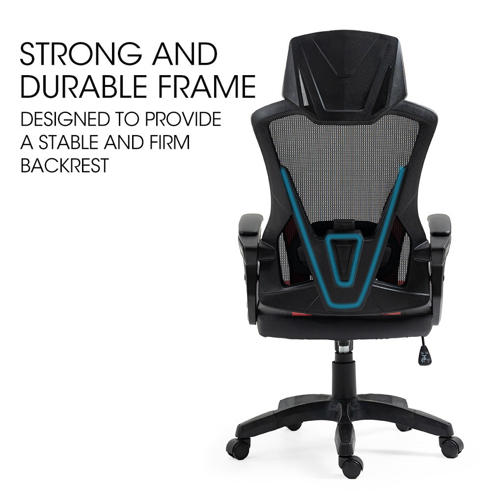 OVERDRIVE Ergonomic Gaming Desk Chair, Height Adjustable Lumbar Support, Mesh Fabric, Faux Leather, Headrest, Black/Red