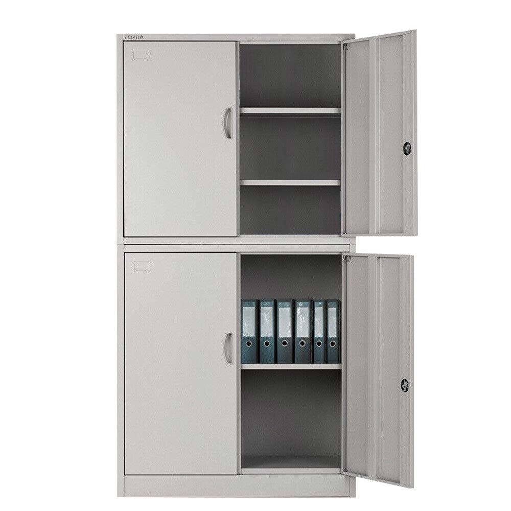 FORTIA 4-Door Steel Stationary Cabinet, Cam Locks, Shelves, Grey