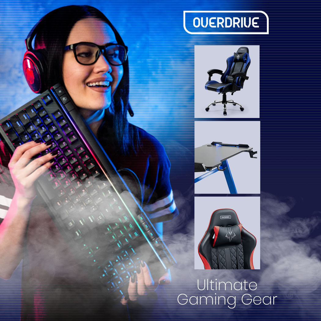 OVERDRIVE Conquest Series Reclining Gaming Ergonomic Office Chair with Lumbar and Neck Pillows, Black and Red