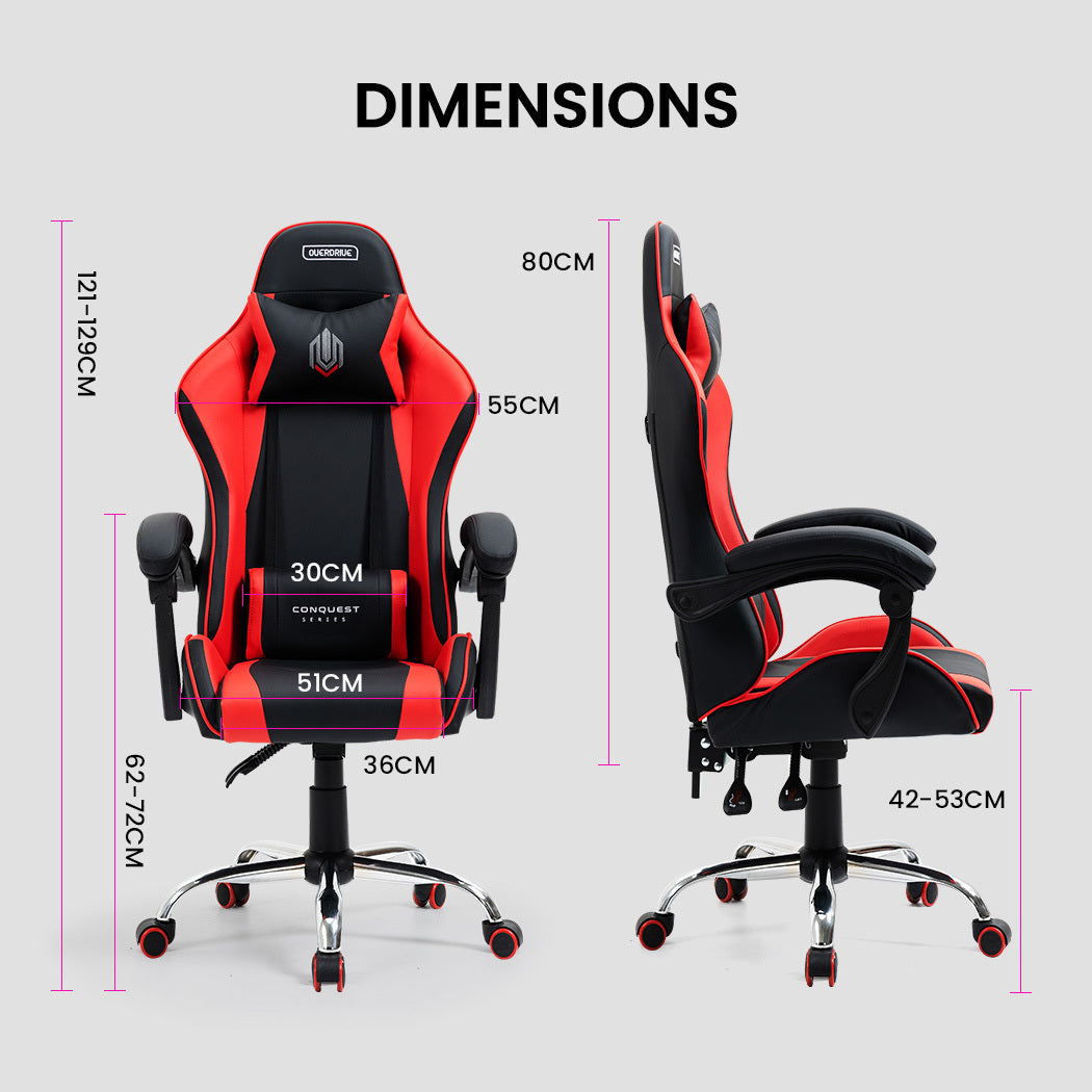 OVERDRIVE Conquest Series Reclining Gaming Ergonomic Office Chair with Lumbar and Neck Pillows, Black and Red