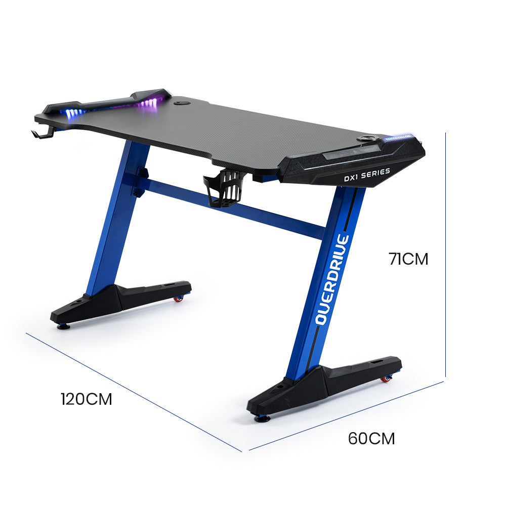 OVERDRIVE Gaming Desk, 120x60cm, Carbon Fiber Styling, LED Lights, Headset Hanger, Cup Holder, Cable Management, Blue