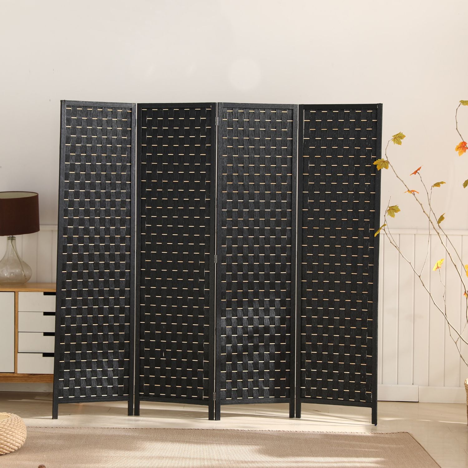 EKKIO 4-Panel Pine Wood Room Divider (Black) EK-RD-100-SD