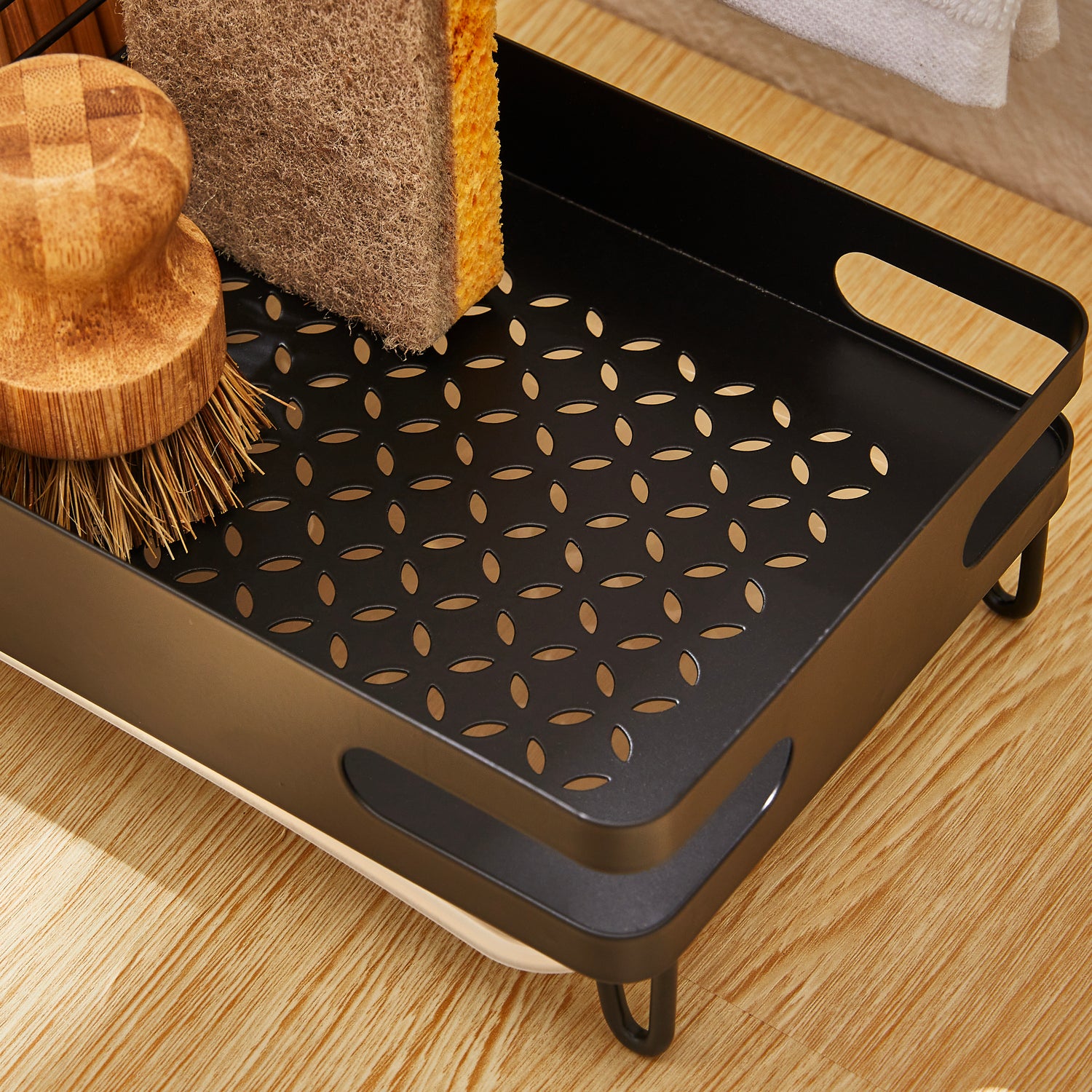GOMINIMO Sink Caddy Sponge Holder Brush Soap Dishcloth Holder with Drain Pan (Black) GO-SSH-100-AQ