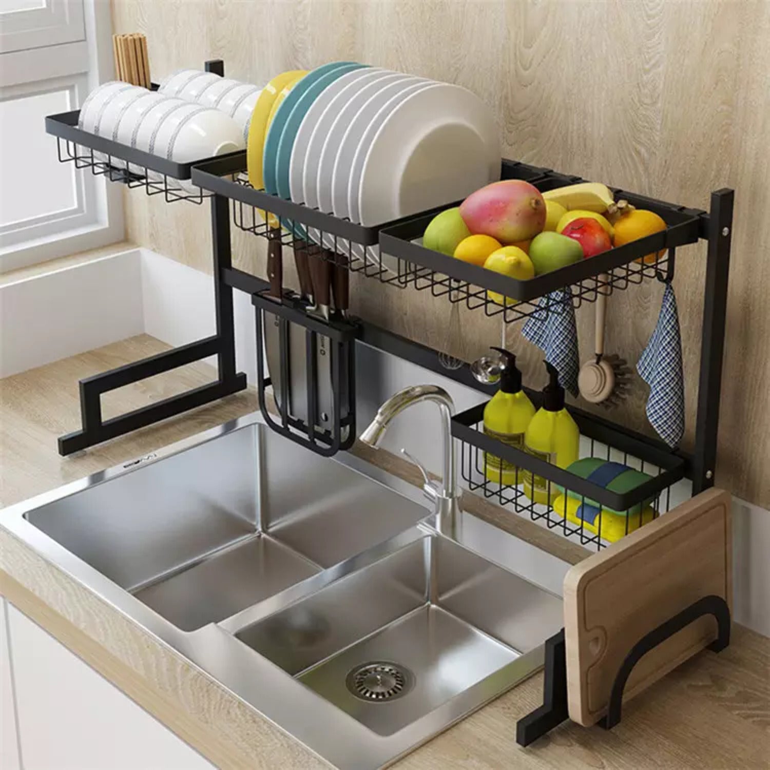 GOMINIMO Dish Drying Rack Over Sinks Adjustable 85-105cm (Black) GO-DDR-100-JD