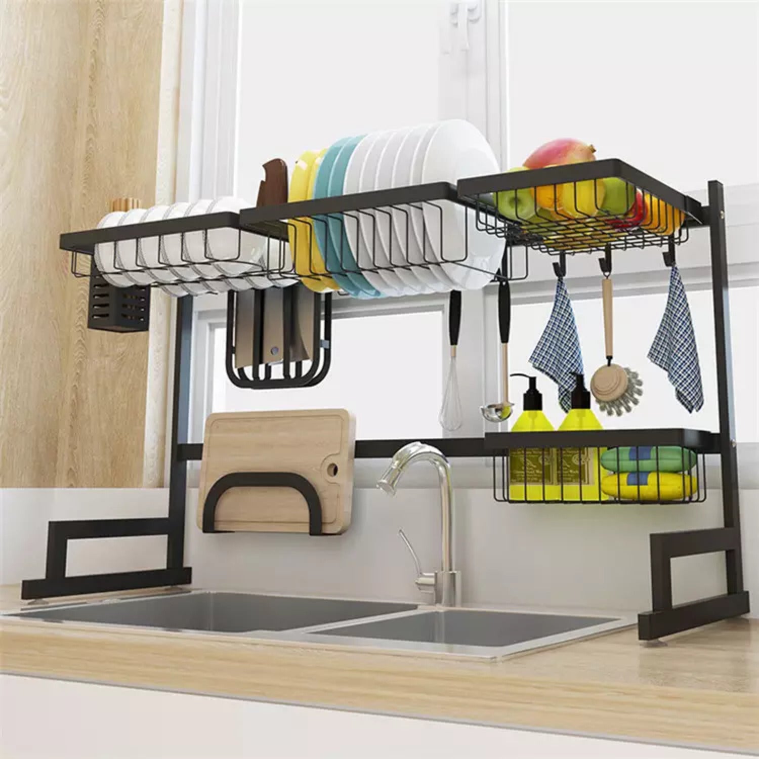 GOMINIMO Dish Drying Rack Over Sinks Adjustable 85-105cm (Black) GO-DDR-100-JD