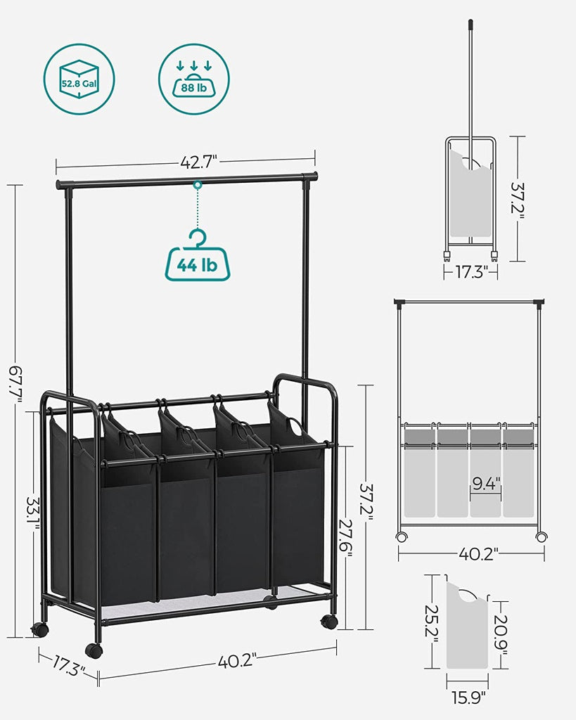 SONGMICS 4-Bag Laundry Sorter Rolling Cart with Hanging Bar Heavy-Duty Wheels Black RLS44B