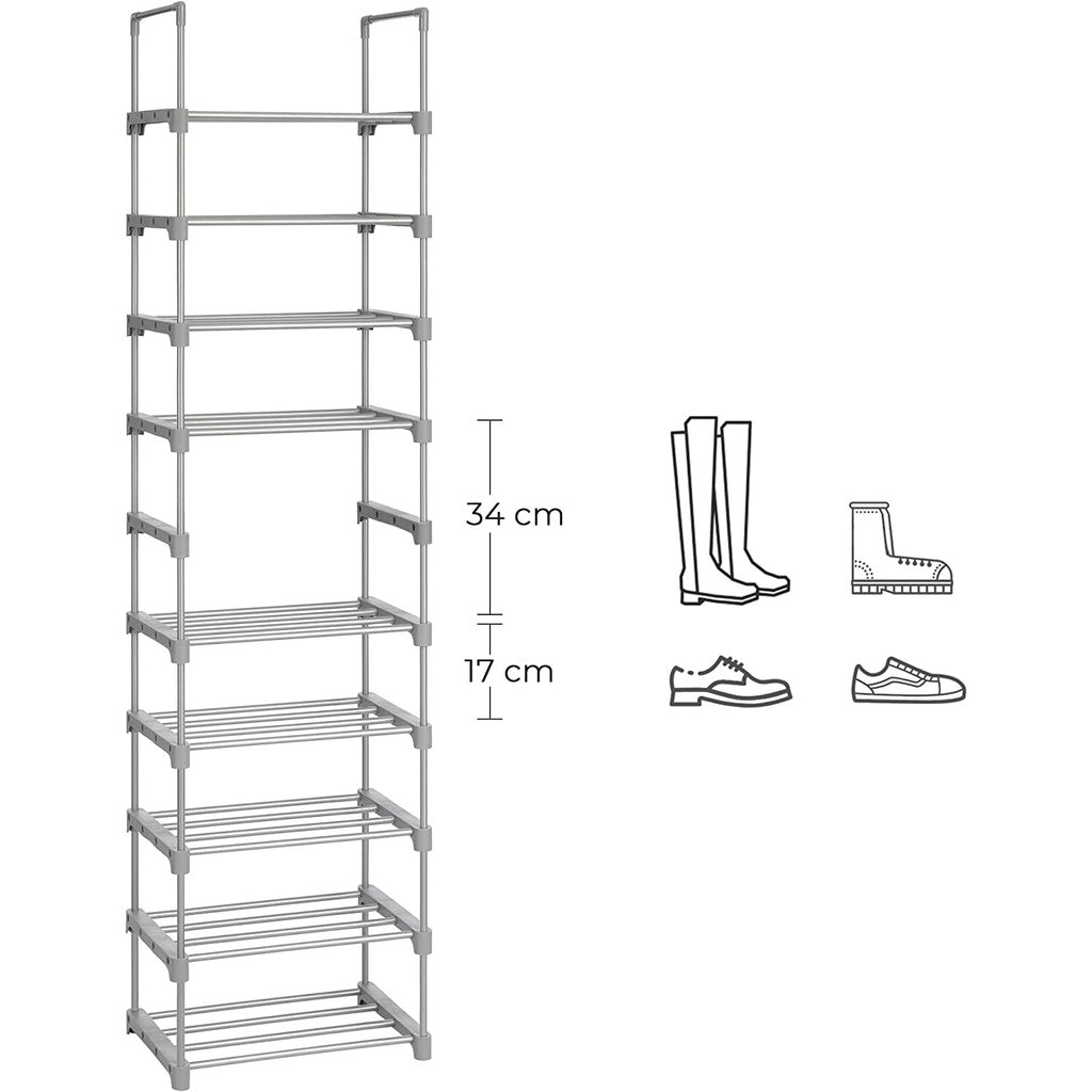 SONGMICS 10-Tier Metal Shoe Rack Customizable Design Grey