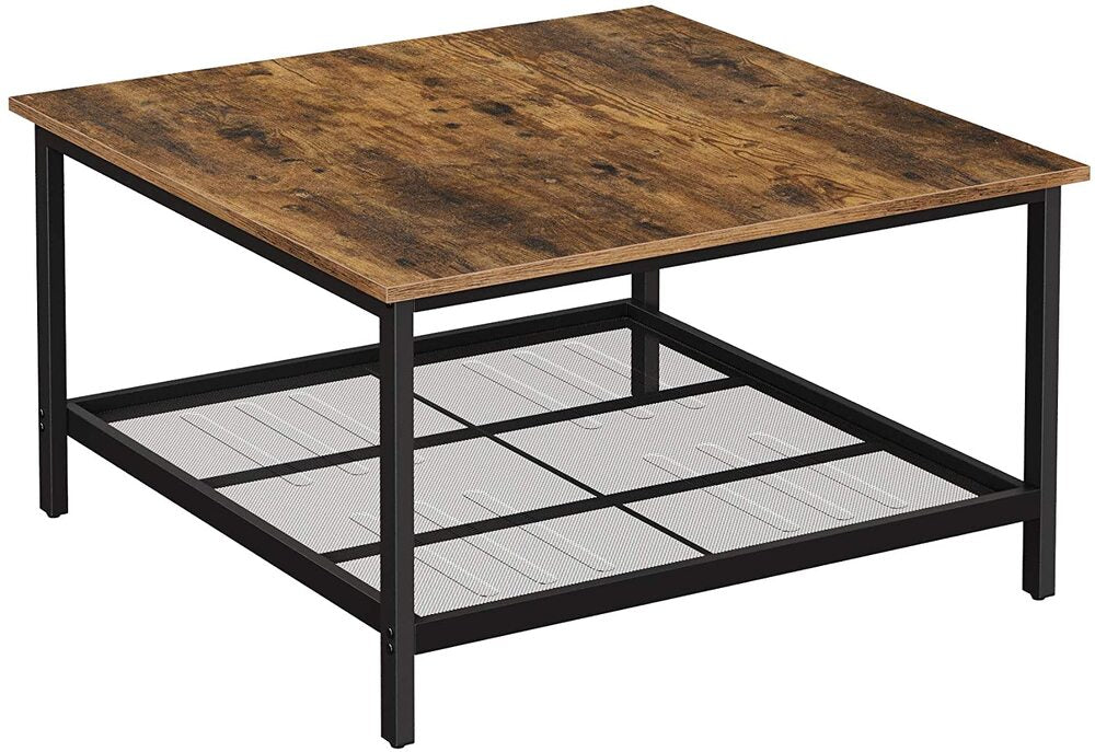 VASAGLE Coffee Table Square Cocktail Table with Spacious Table Top Robust Steel Frame and Mesh Storage Shelf Industrial Style for Living Room Rustic Brown and Black LCT065B01