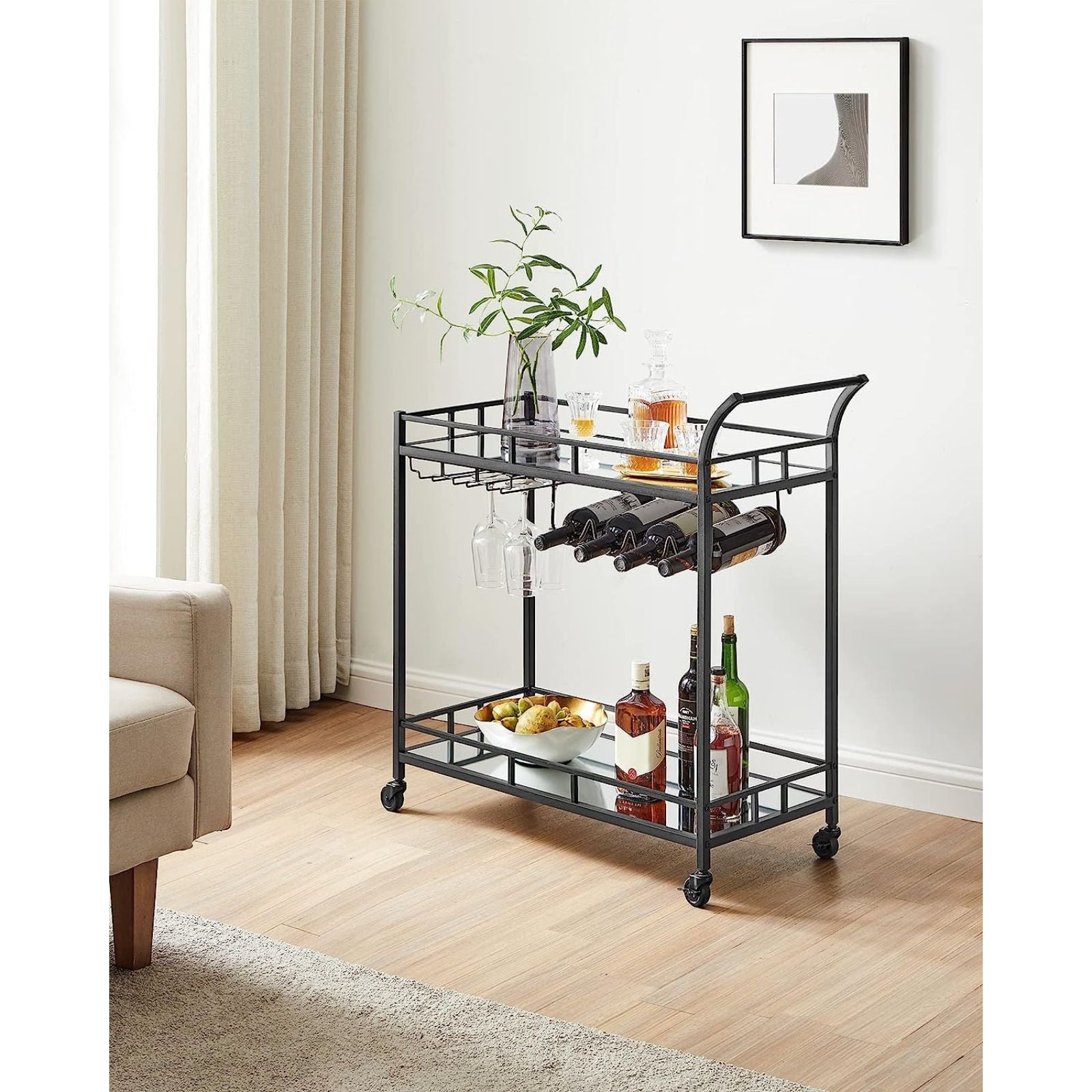 VASAGLE Bar Serving Wine Cart With Wheels And Wine Bottle Holders Black