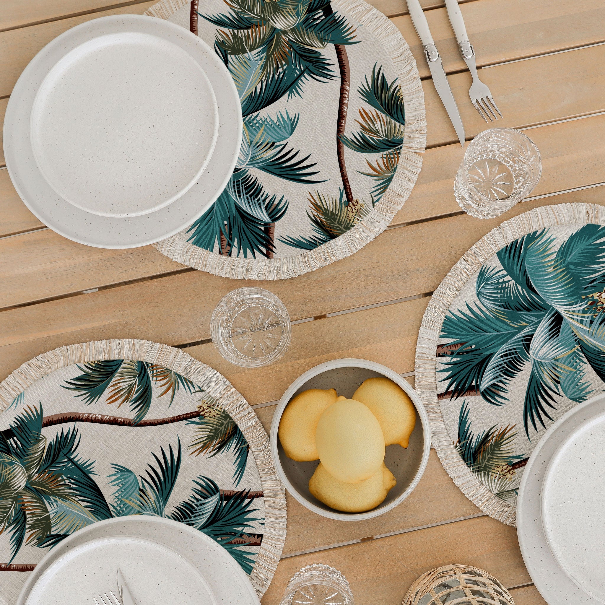 Round Placemat-Palm Trees-Natural-40cm