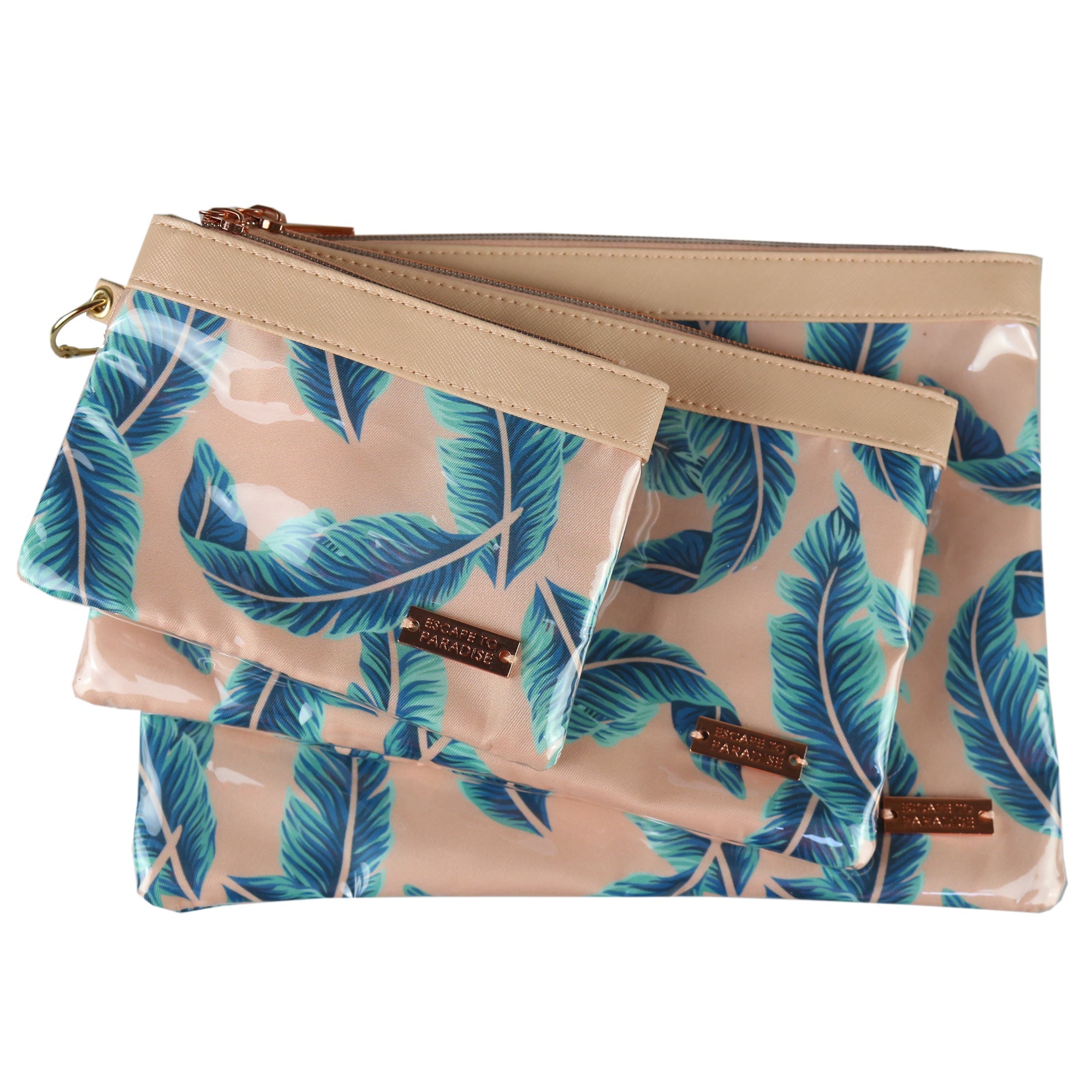 Set of 3 Zip Cosmetic Pouches-Peach Palm Leaves