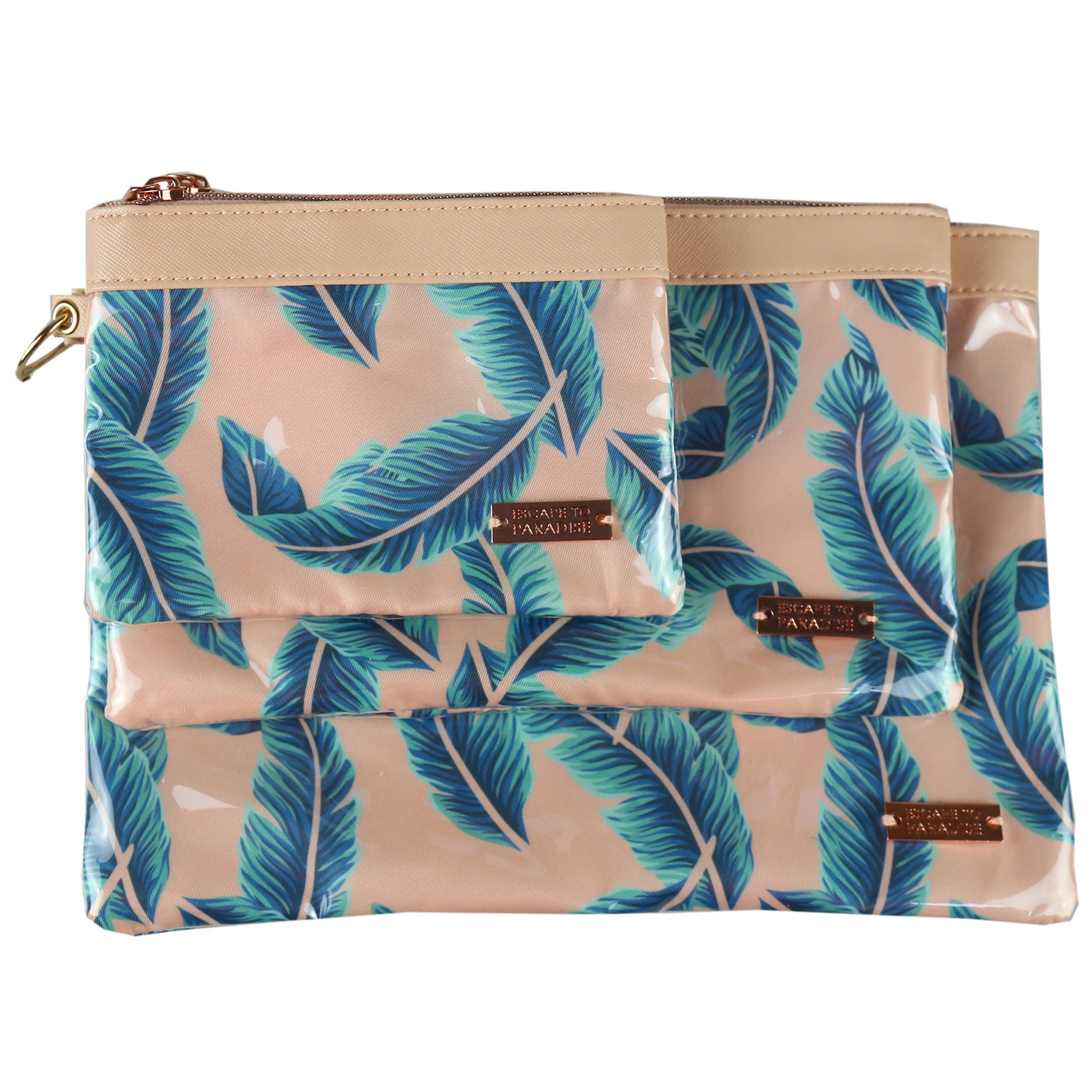 Set of 3 Zip Cosmetic Pouches-Peach Palm Leaves
