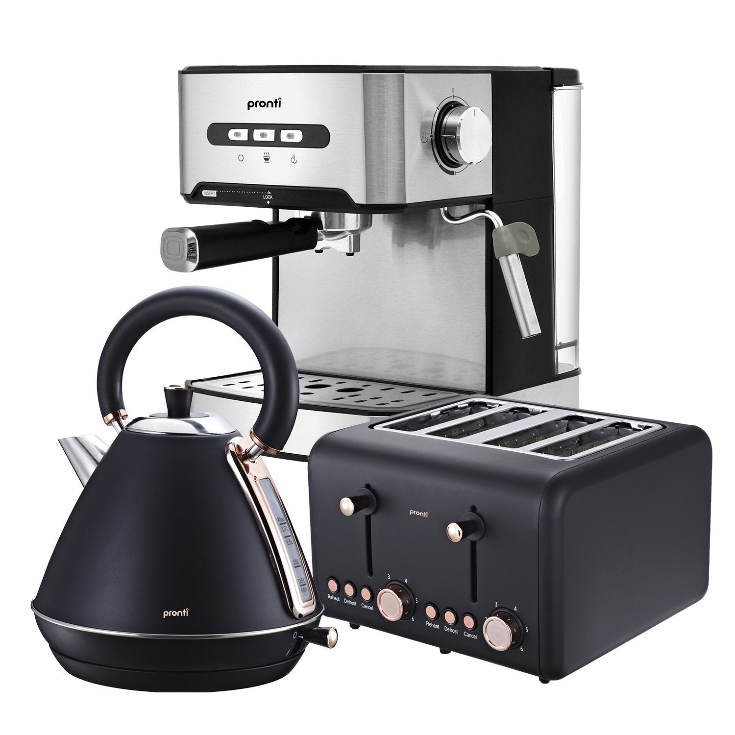 Pronti Toaster, Kettle & Coffee Machine Breakfast Set - Black