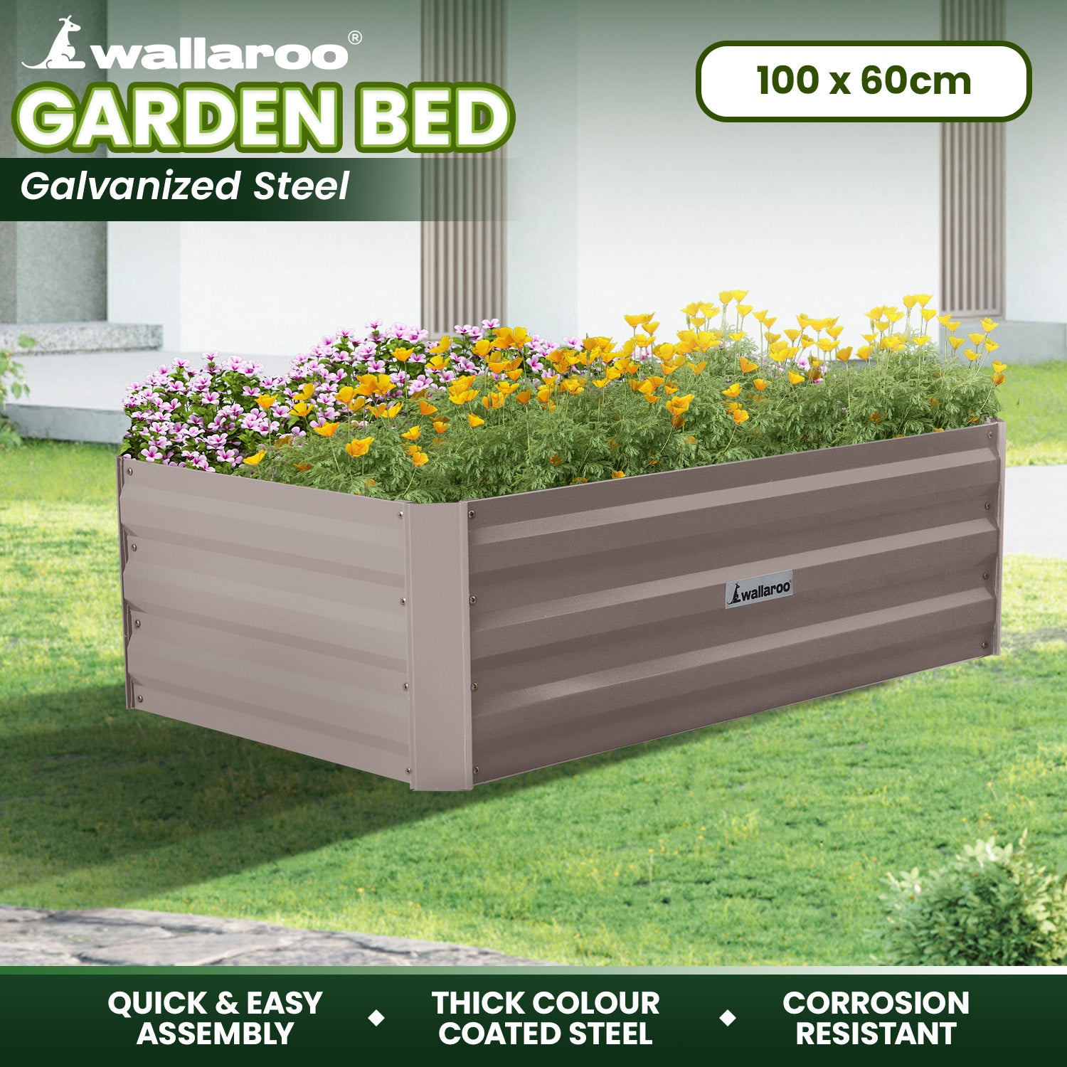Wallaroo Garden Bed 100 x 60 x 30cm Galvanized Steel - Grey
