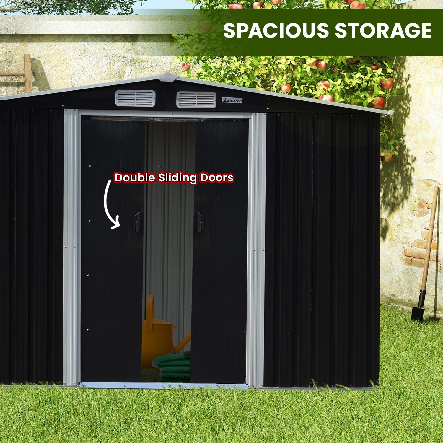 Wallaroo 6x8ft Zinc Steel Garden Shed with Open Storage - Black