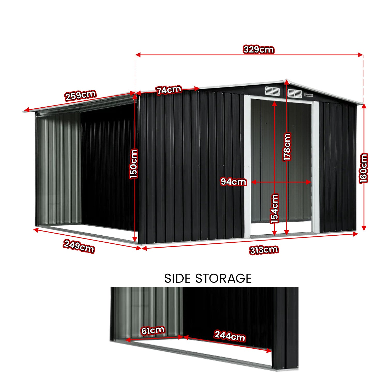 Wallaroo Garden Shed with Semi-Closed Storage 8*8FT - Black