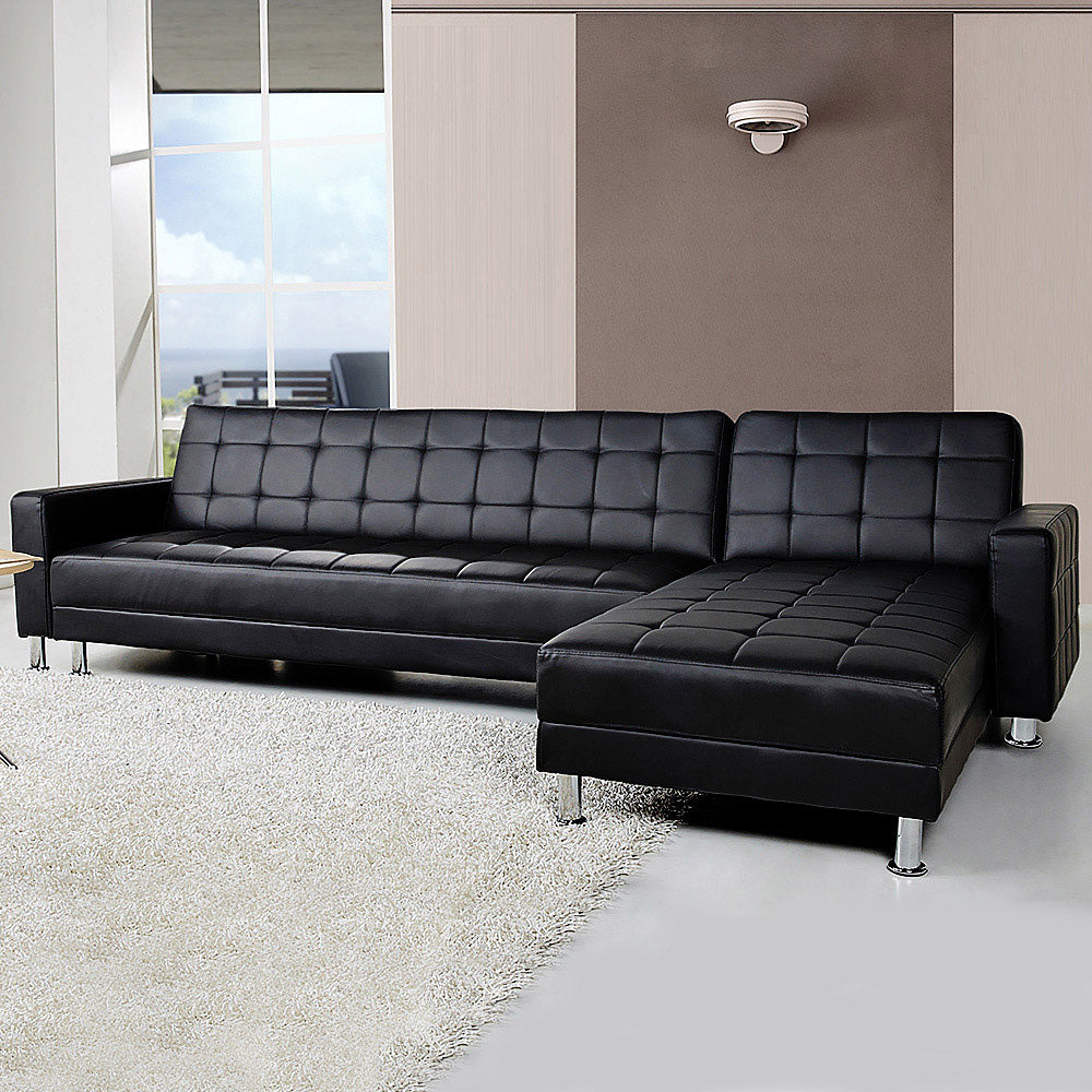 Sarantino Corner Faux Leather Sofa Bed Couch with Chaise - Black