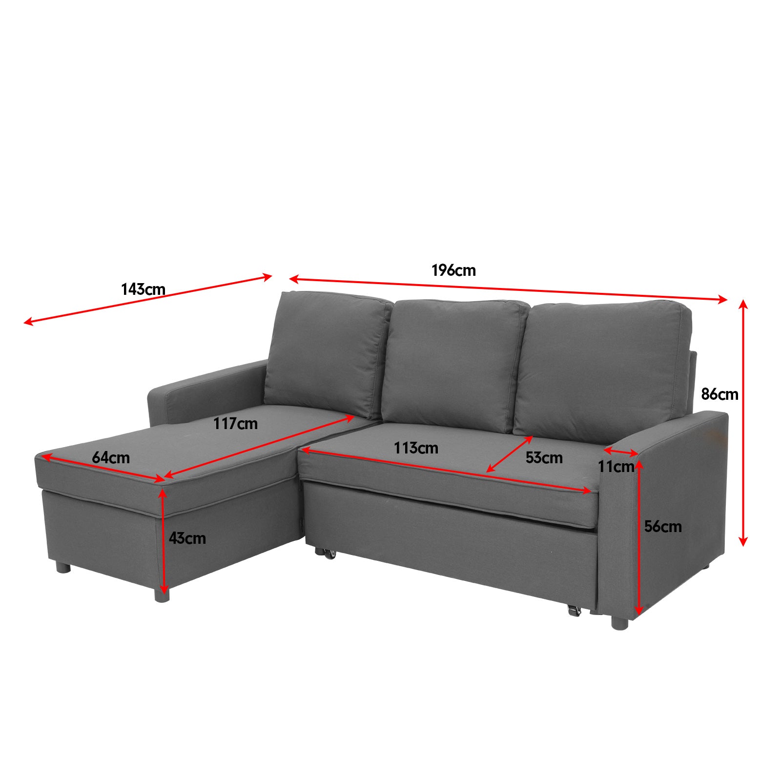 Sarantino 3-seater Corner Sofa Bed With Storage Lounge Chaise Couch - Grey