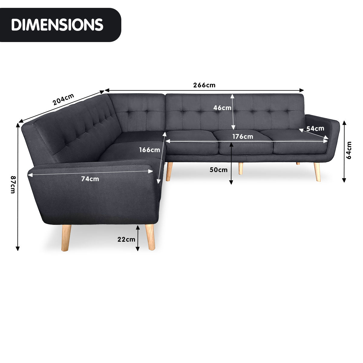 Sarantino Faux Linen Corner Wooden Sofa Futon Lounge L-shaped with Chaise - Black