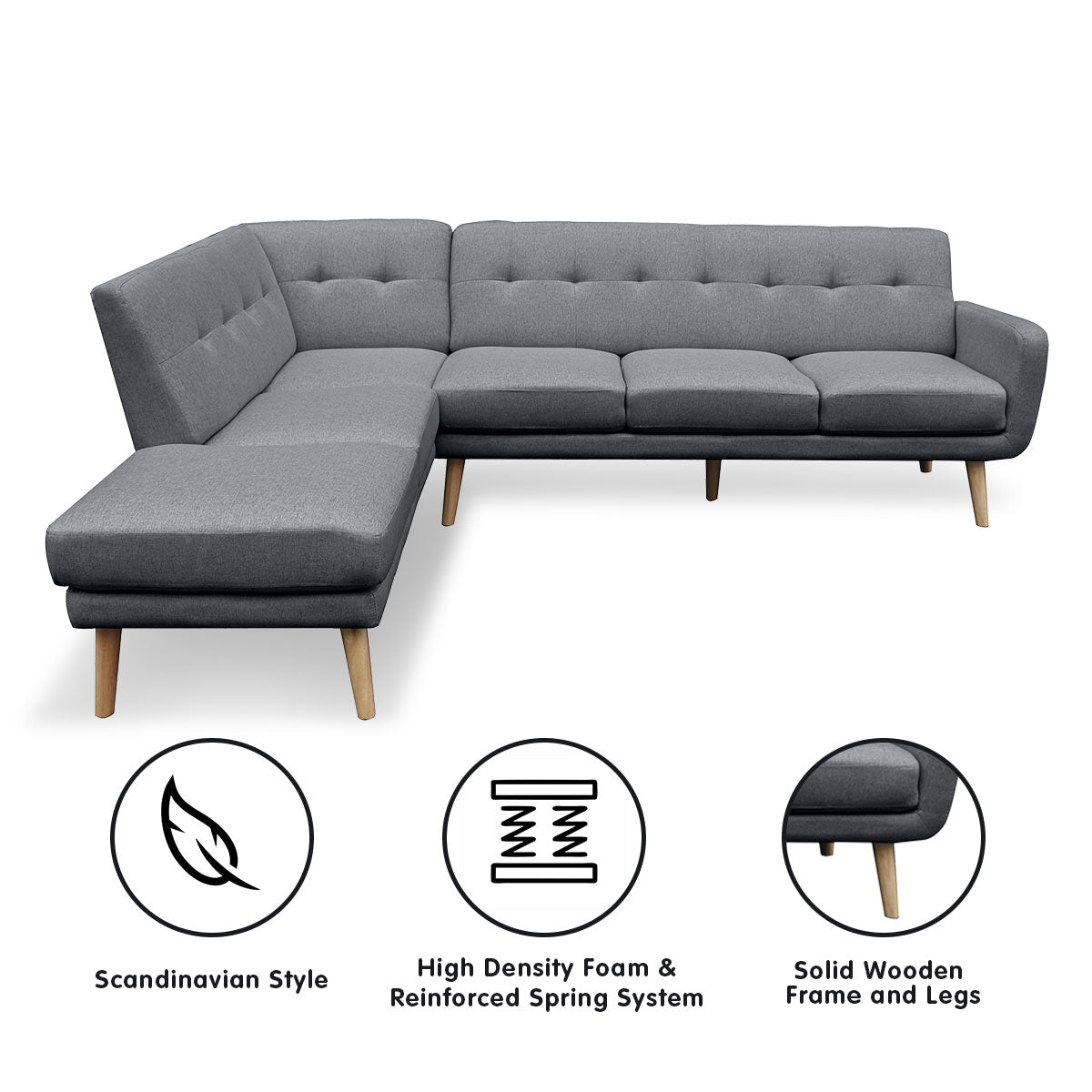 Sarantino Faux Linen Corner Sofa Lounge L-shaped with Chaise Dark Grey