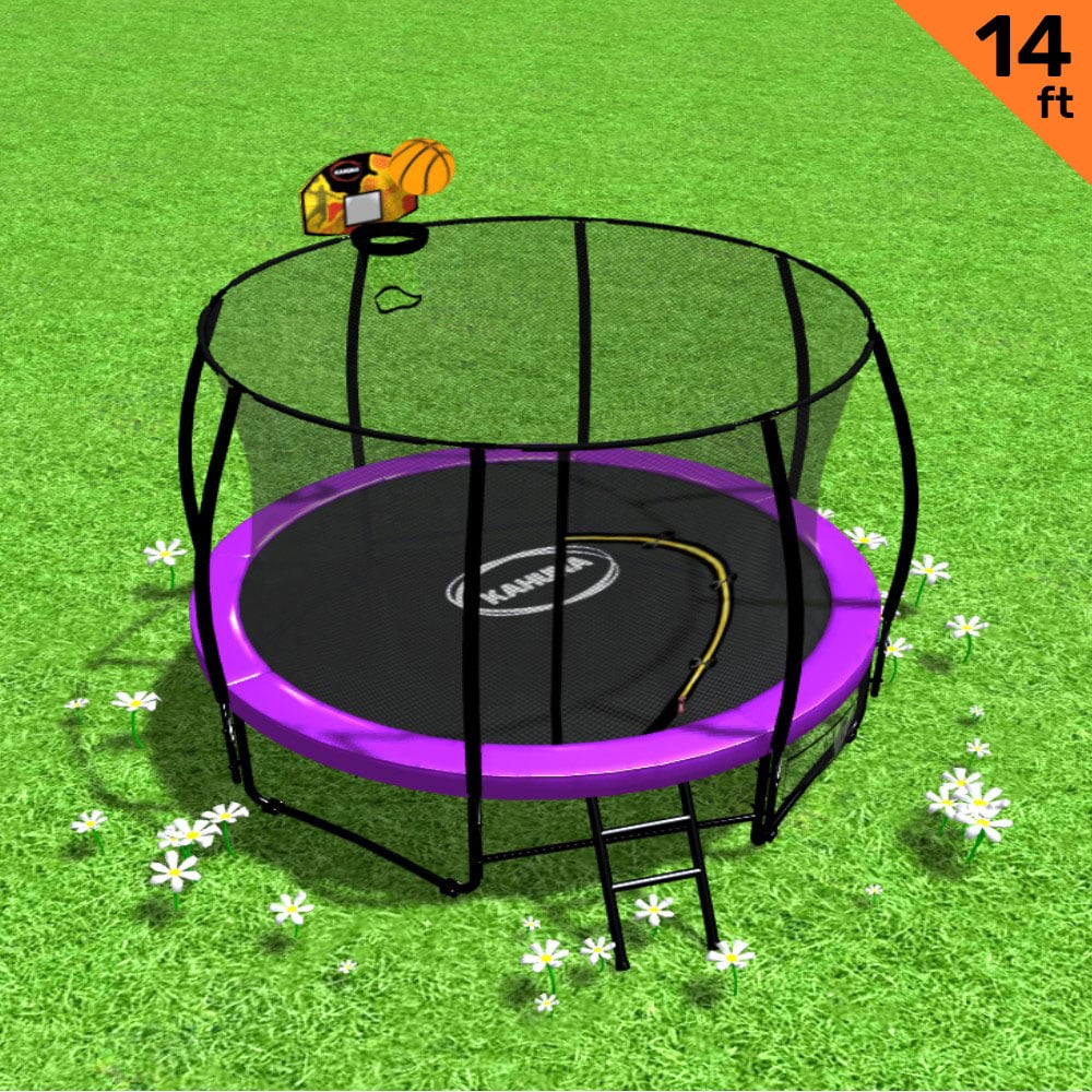 Kahuna 14ft Outdoor Trampoline Kids Children With Safety Enclosure Pad Mat Ladder Basketball Hoop Set - Purple